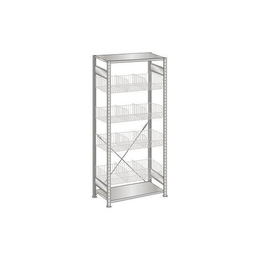 Wire mesh basket shelving unit, zinc plated, WxD 1000 x 500 mm, with 4 baskets, standard shelf unit, height 2000 mm.