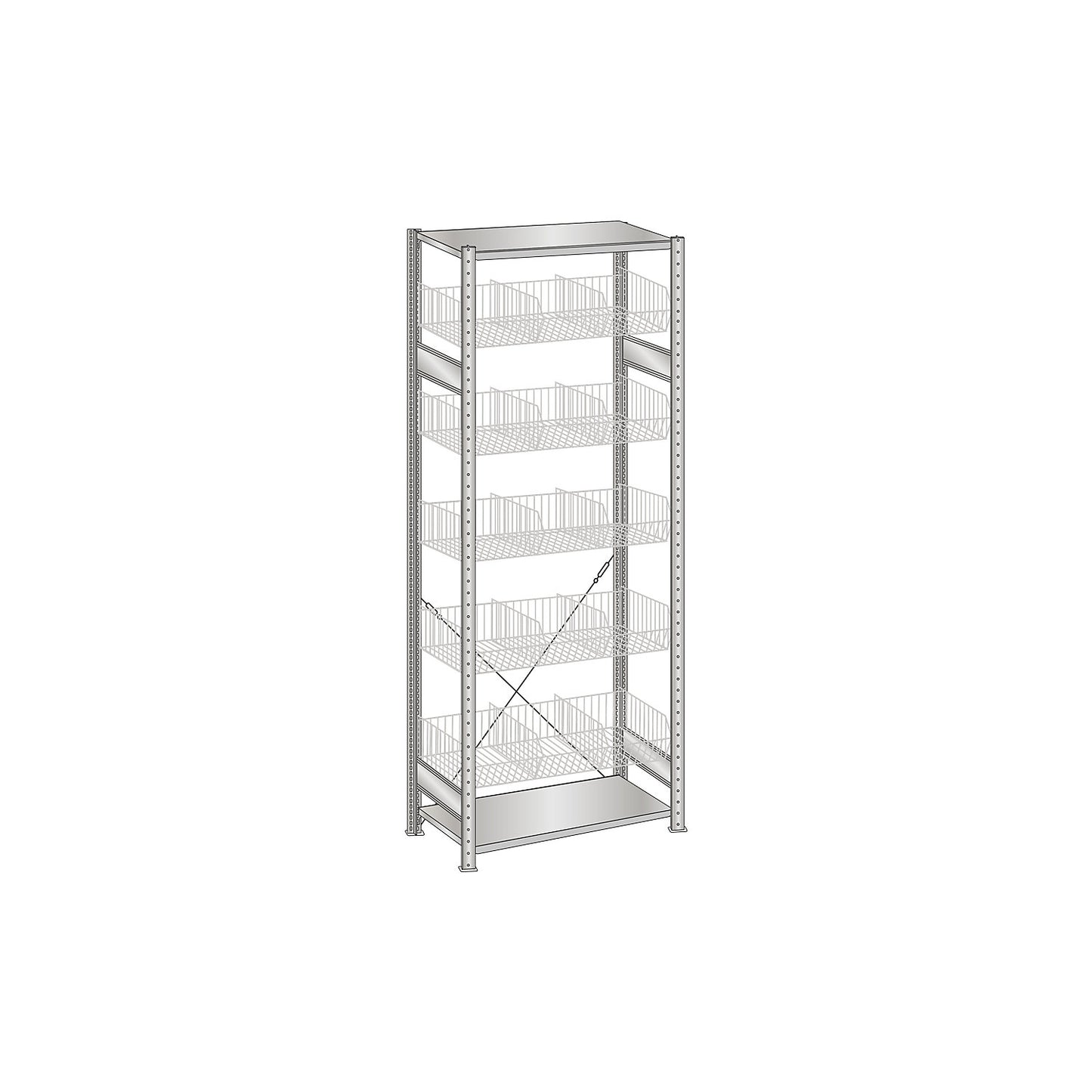 Wire mesh basket shelving unit, zinc plated, WxD 1000 x 500 mm, with 5 baskets, standard shelf unit, height 2300 mm.