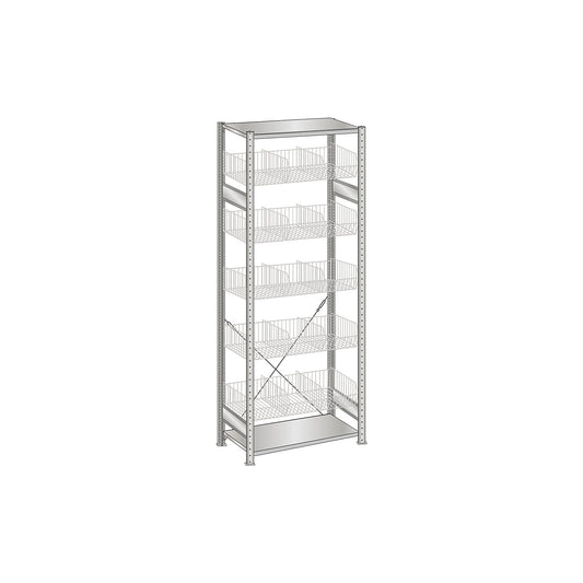 Wire mesh basket shelving unit, zinc plated, WxD 1000 x 500 mm, with 5 baskets, standard shelf unit, height 2300 mm.