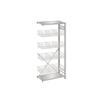Wire mesh basket shelving unit, zinc plated, WxD 1000 x 500 mm, with 4 baskets, extension shelf unit, height 2000 mm.