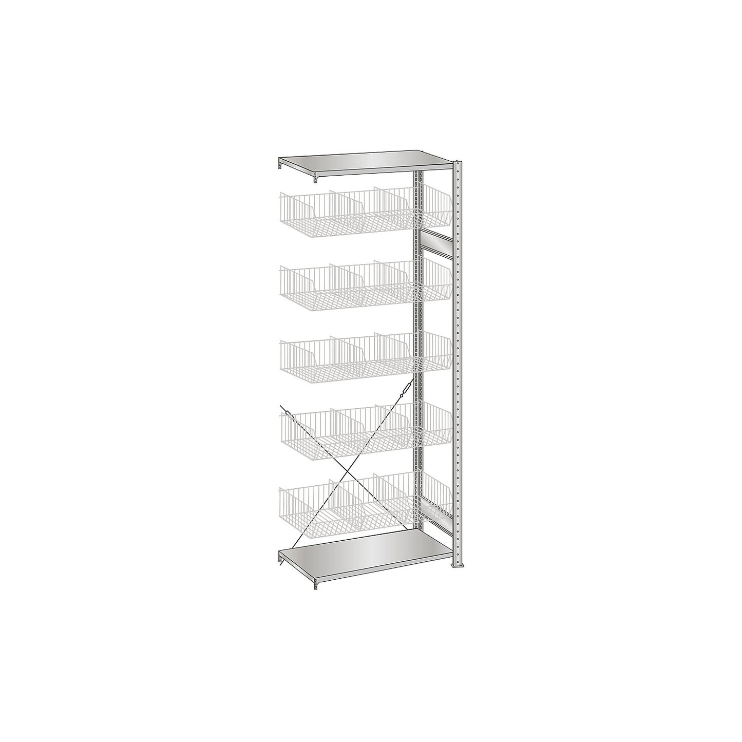 Wire mesh basket shelving unit, zinc plated, WxD 1000 x 500 mm, with 5 baskets, extension shelf unit, height 2300 mm.