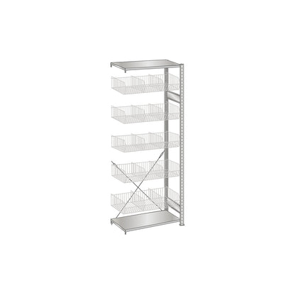 Wire mesh basket shelving unit, zinc plated, WxD 1000 x 500 mm, with 5 baskets, extension shelf unit, height 2300 mm.