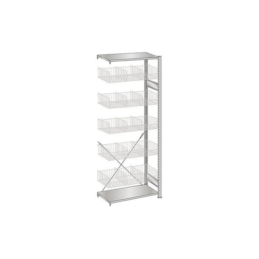 Wire mesh basket shelving unit, zinc plated, WxD 1000 x 500 mm, with 5 baskets, extension shelf unit, height 2300 mm.