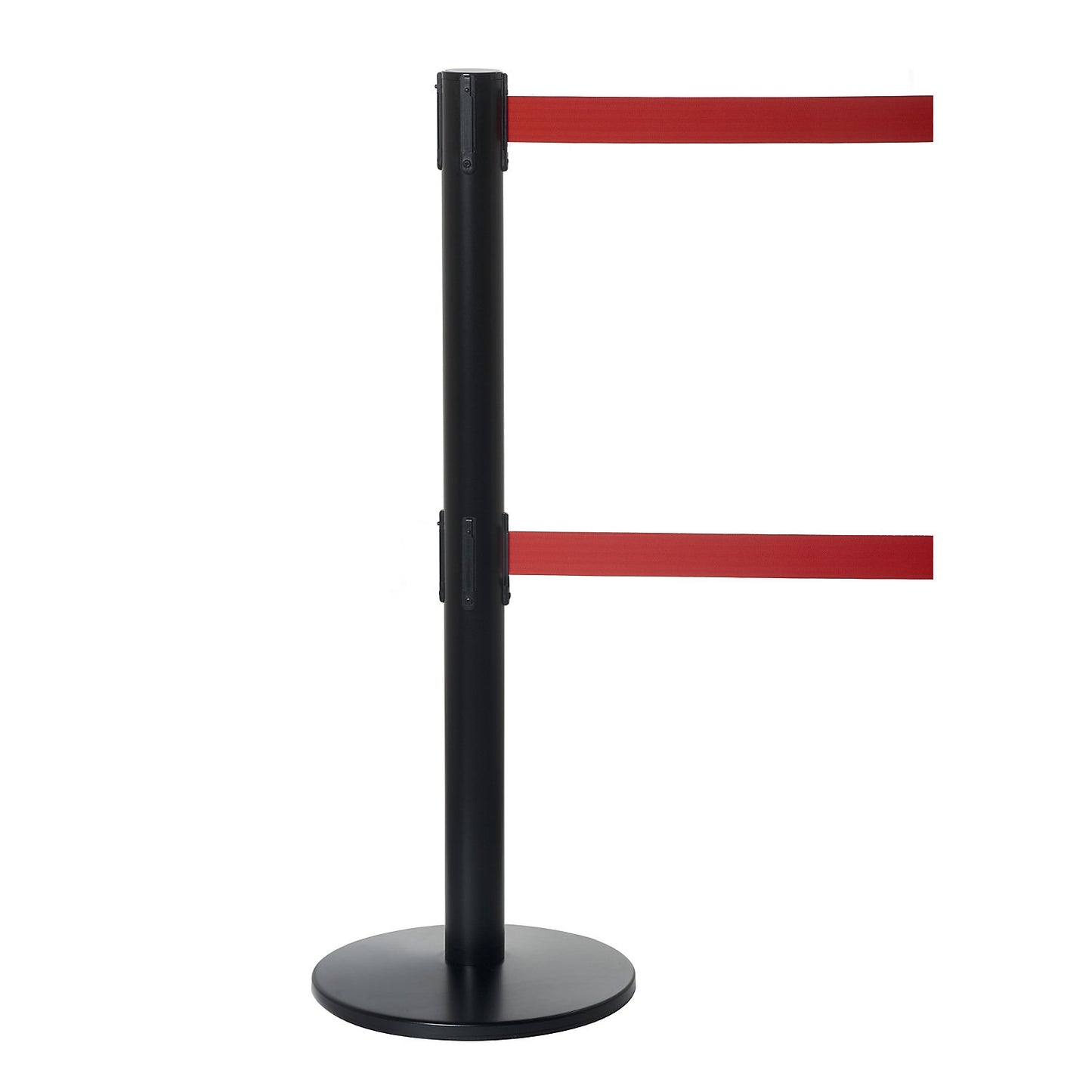 Dual line belt barrier, powder coated black, red belt, extends 2300 mm.