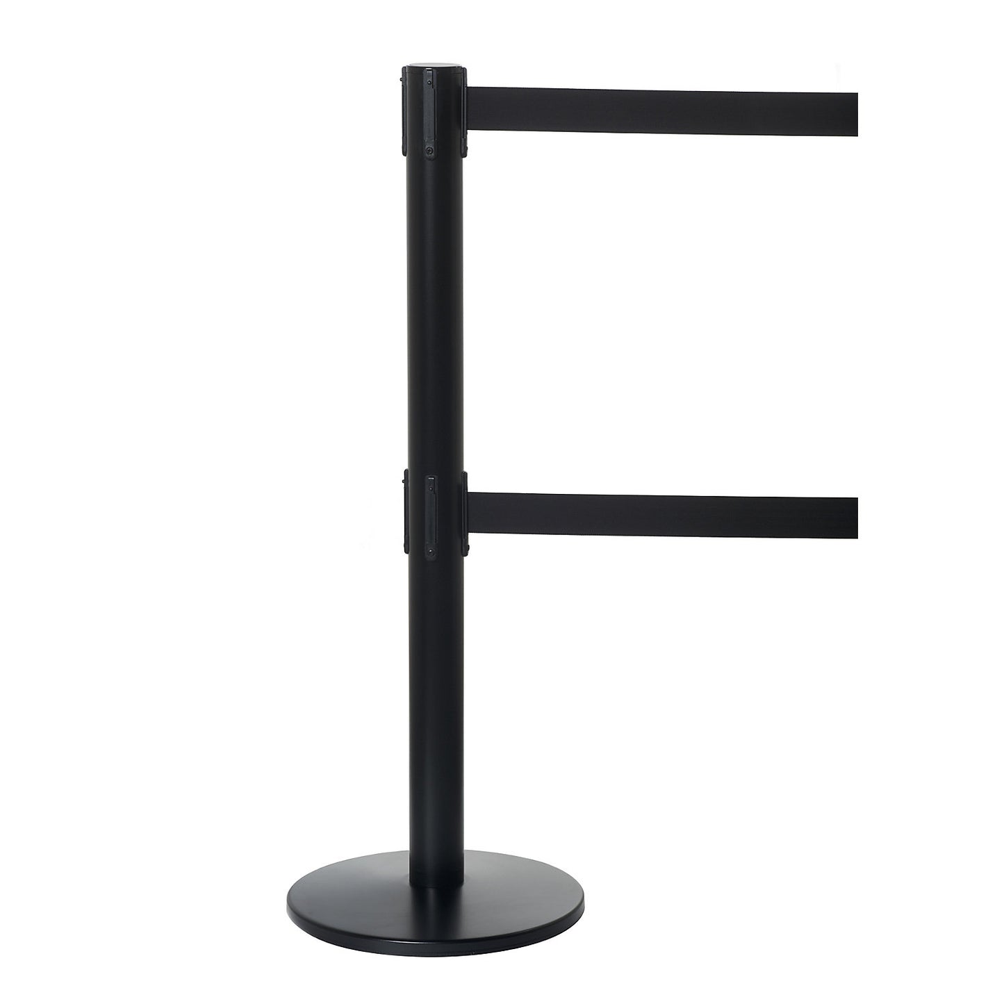 Dual line belt barrier, powder coated black, black belt, extends 3650 mm.