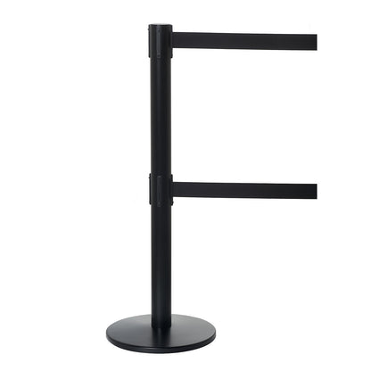 Dual line belt barrier, powder coated black, black belt, extends 3650 mm.