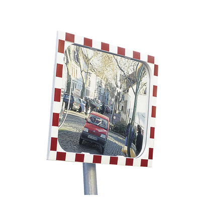 Traffic mirror, mirror made of Sekurit safety glass, plastic frame, reflective red, mirror dimensions WxH 1000 x 800 mm.