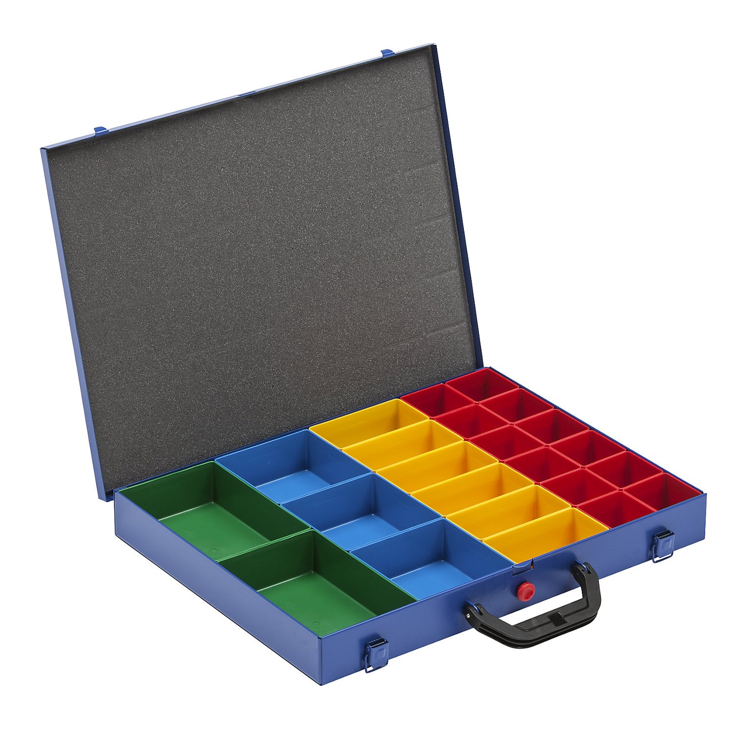 Small parts case with insert boxes, LxW 460 x 370 mm, with 23 insert boxes, height 63 mm.