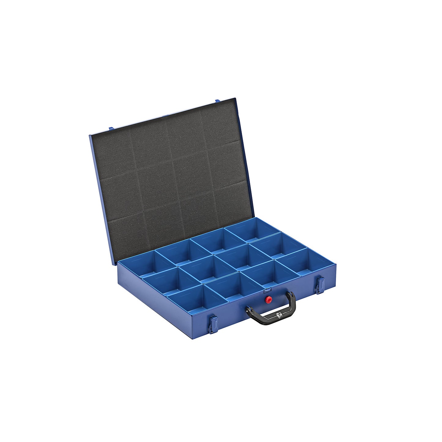 Small parts case with insert boxes, LxW 460 x 370 mm, with 12 insert boxes, height 63 mm.