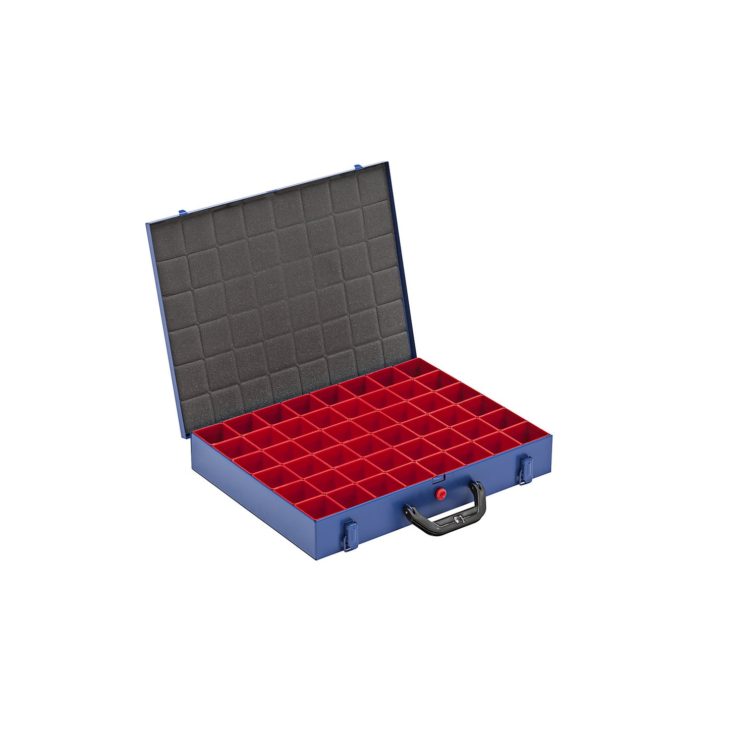 Small parts case with insert boxes, LxW 460 x 370 mm, with 48 insert boxes, height 63 mm.