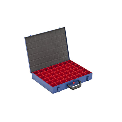 Small parts case with insert boxes, LxW 460 x 370 mm, with 48 insert boxes, height 63 mm.
