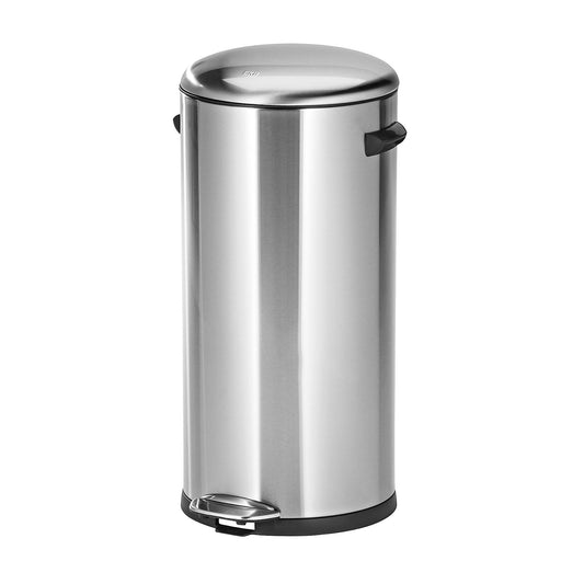 Stainless steel pedal bin, round, capacity 20 l, with pedal and handles.