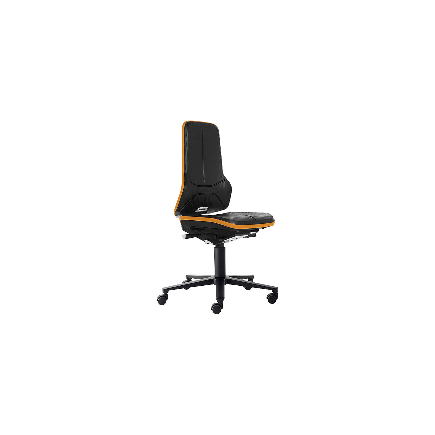 NEON ESD industrial swivel chair, castors, synchronous mechanism, skintec, orange bumper.