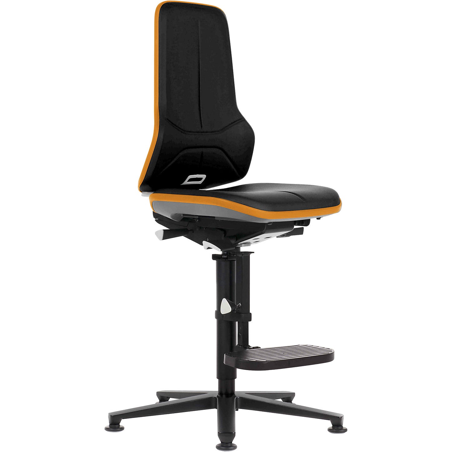 NEON industrial swivel chair, floor glides, step-up, synchronous mechanism, vinyl, orange bumper.