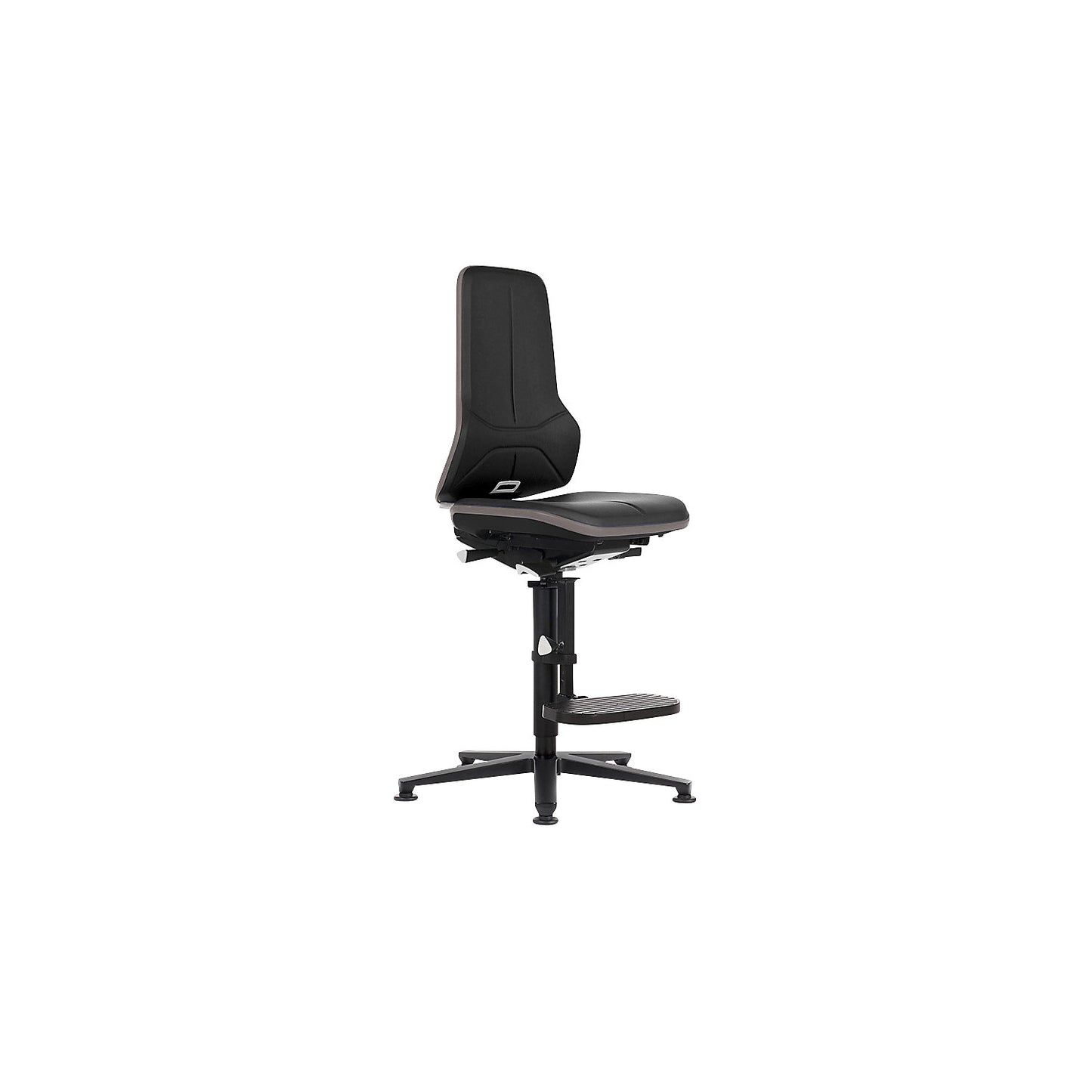 NEON ESD industrial swivel chair, floor glides, step-up, permanent contact mechanism, vinyl, grey bumper.