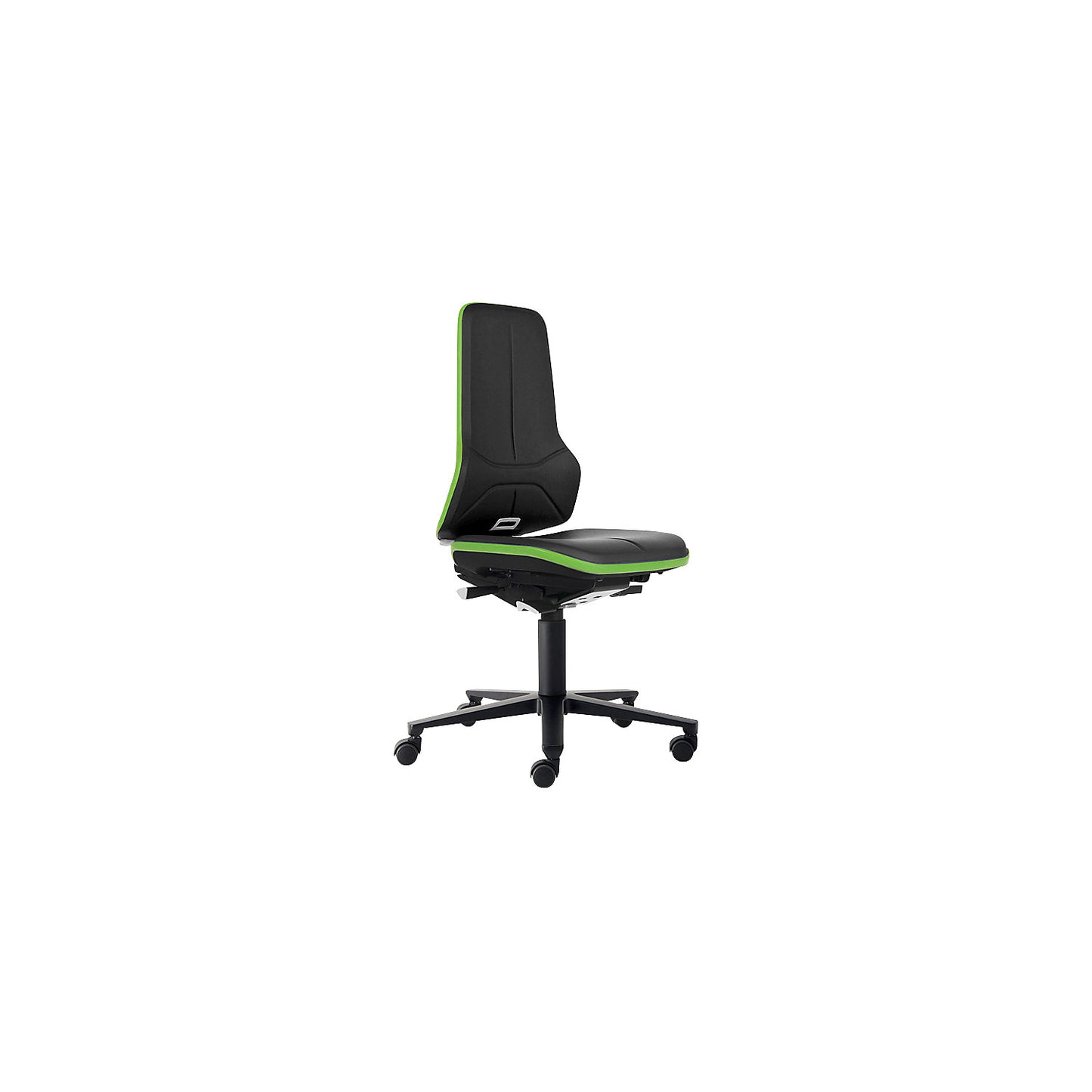 NEON ESD industrial swivel chair, castors, synchronous mechanism, vinyl, green bumper.