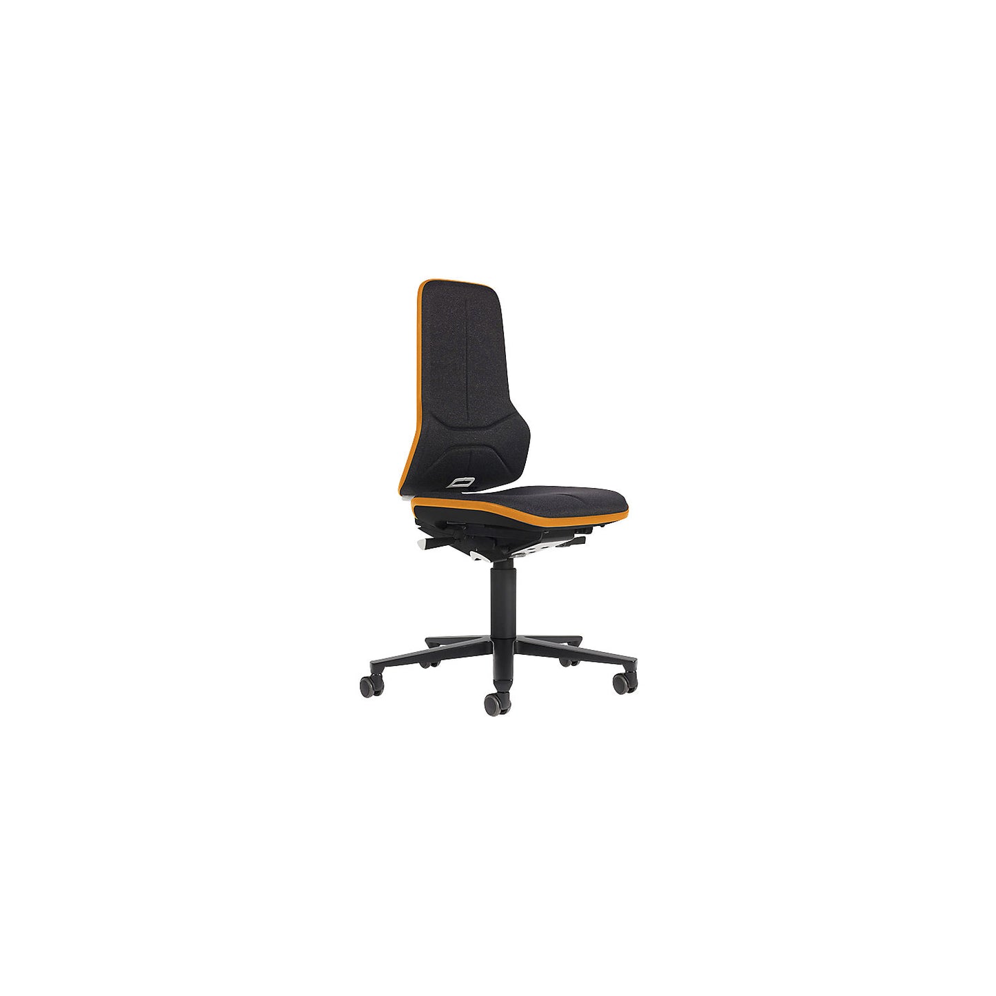 NEON ESD industrial swivel chair, castors, permanent contact mechanism, fabric, orange bumper.
