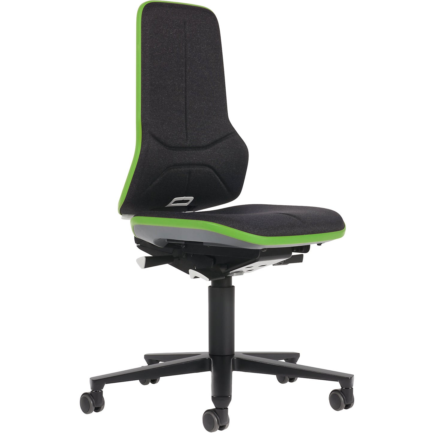 NEON industrial swivel chair, castors, permanent contact mechanism, fabric, green bumper.