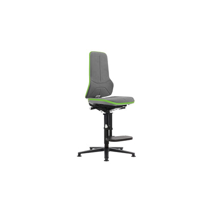 NEON industrial swivel chair, floor glides, step-up, permanent contact mechanism, Supertec, green bumper.