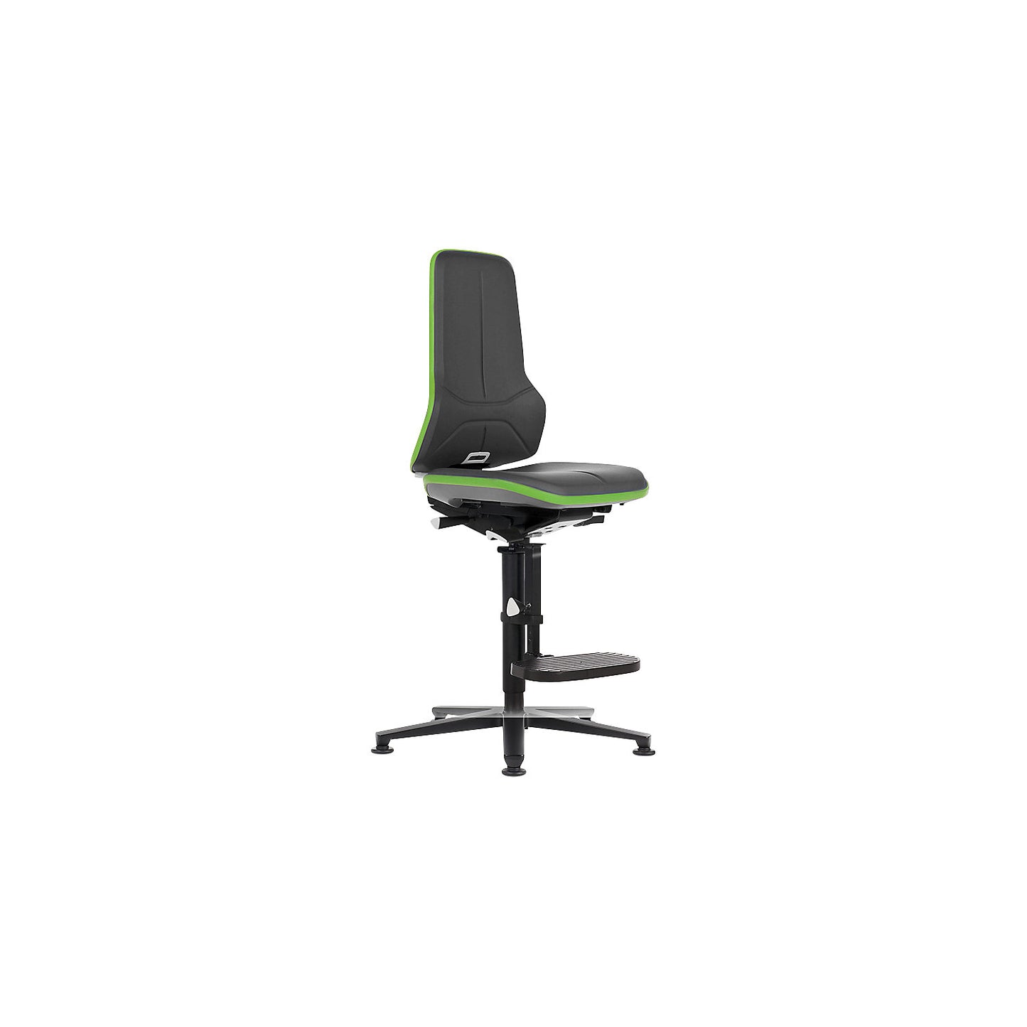 NEON industrial swivel chair, floor glides, step-up, synchronous mechanism, vinyl, green bumper.