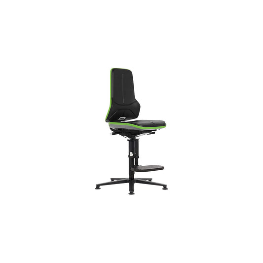 NEON ESD industrial swivel chair, floor glides, step-up, permanent contact mechanism, skintec, green bumper.