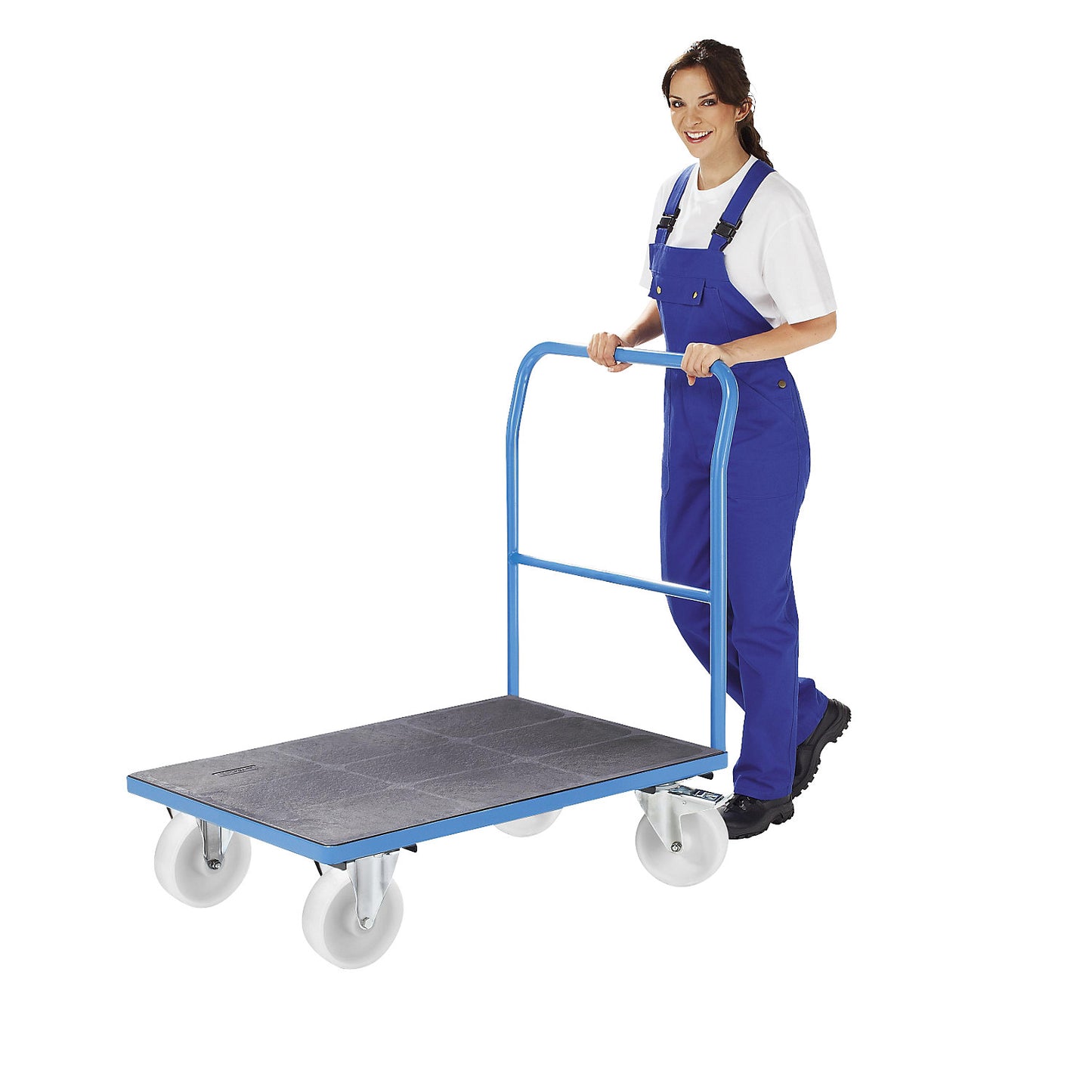 Platform truck with mesh panels, tubular push handle, nylon tyres, LxW 1050 x 700 mm, light blue.