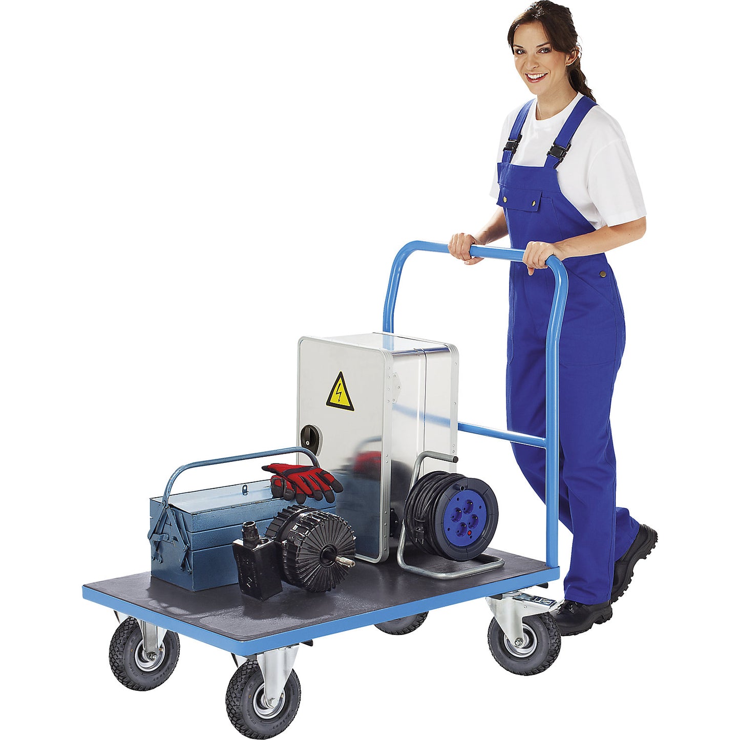 Platform truck with mesh panels, tubular push handle, pneumatic tyres, LxW 1250 x 800 mm, light blue.