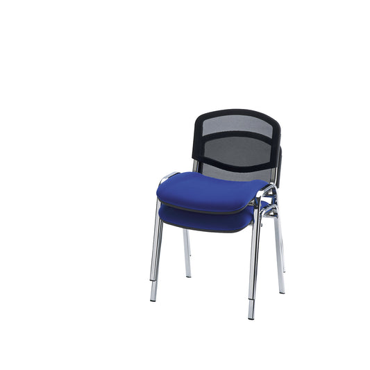 Visitors' chair, stackable, mesh back rest, chrome plated frame, blue upholstery, pack of 2.