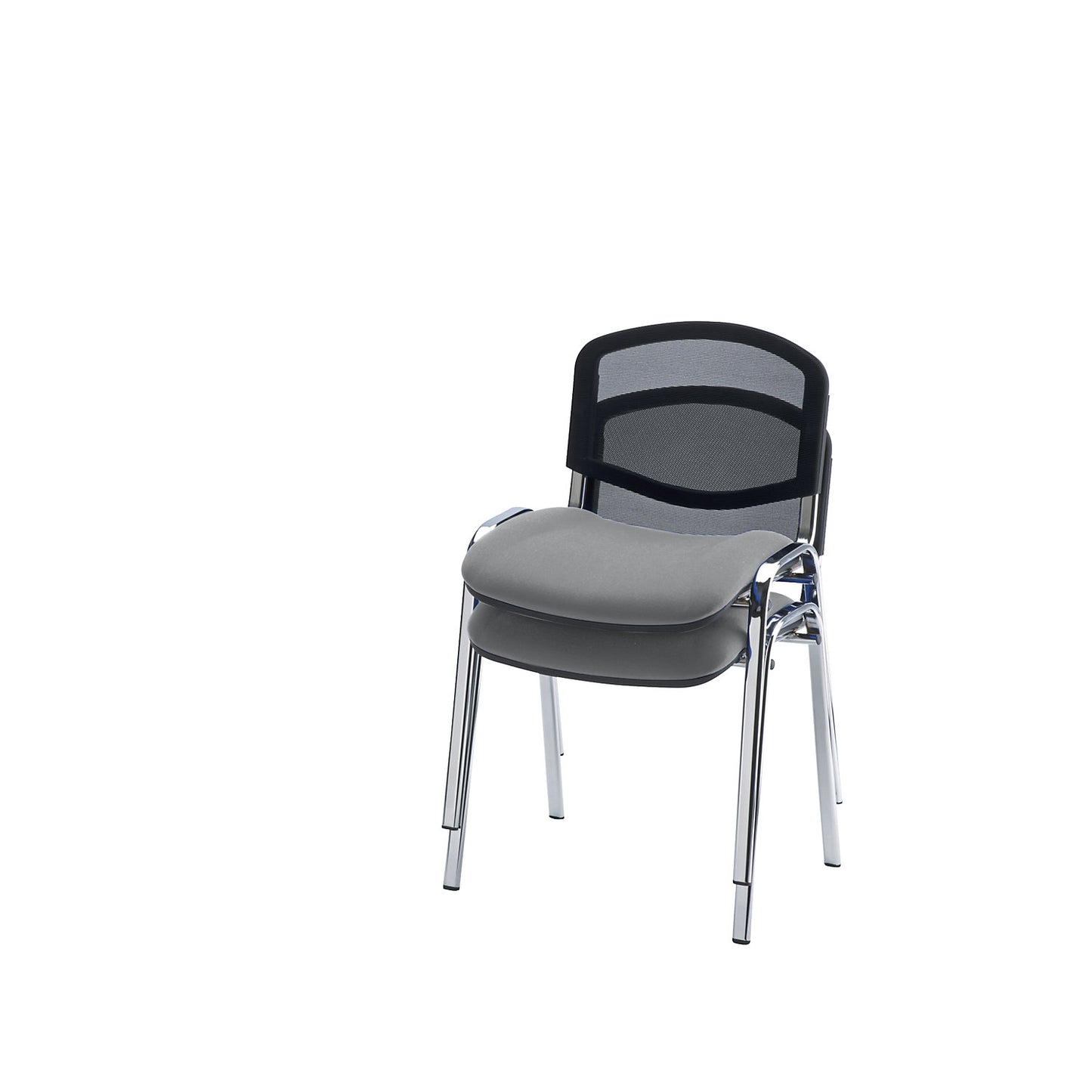 Visitors' chair, stackable, mesh back rest, chrome plated frame, grey upholstery, pack of 2.