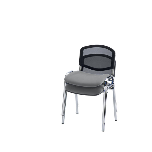 Visitors' chair, stackable, mesh back rest, chrome plated frame, grey upholstery, pack of 2.