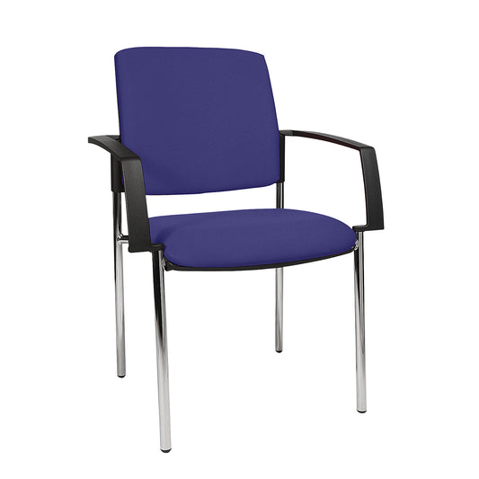 Padded stacking chair, four-legged frame, pack of 2, chrome plated frame, blue upholstery.