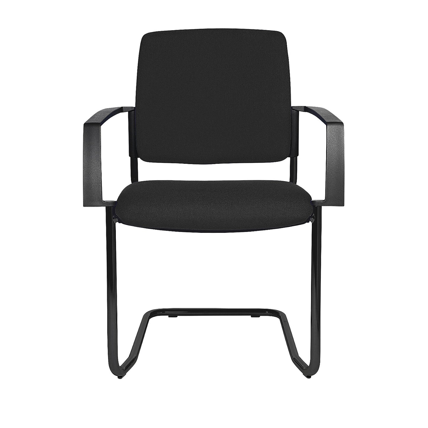 Padded stacking chair, cantilever chair, pack of 2, black frame, black upholstery.