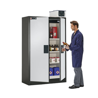 Fire resistant hazardous goods storage cupboard type 90, semi-automatic, with 3 shelves, door colour grey.