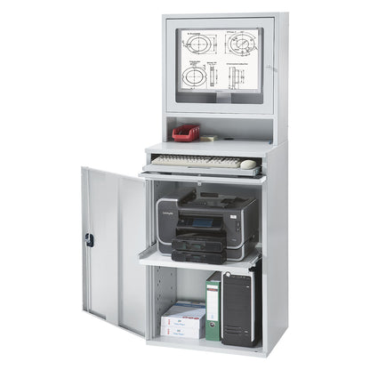 Computer workstation, sheet steel, HxW 1770 x 650 mm, with monitor housing, door colour light grey.