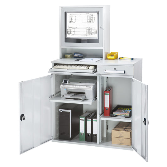 Computer workstation, sheet steel, HxW 1770 x 1100 mm, with monitor housing, door colour light grey.