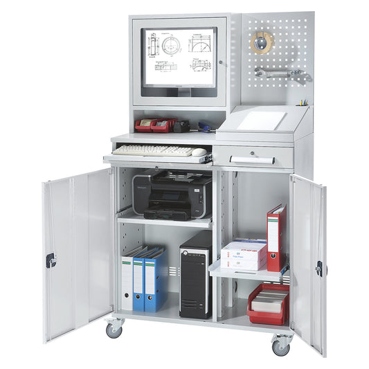 Computer workstation, sheet steel, HxW 1770 x 1100 mm, with monitor housing, perforated panel, desktop, door colour light grey.