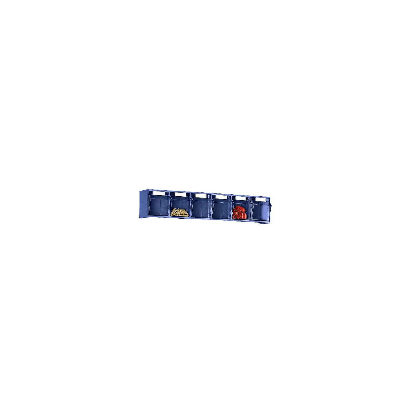 Visual storage container system, housing HxWxD 113 x 600 x 91 mm, 6 bins, blue.