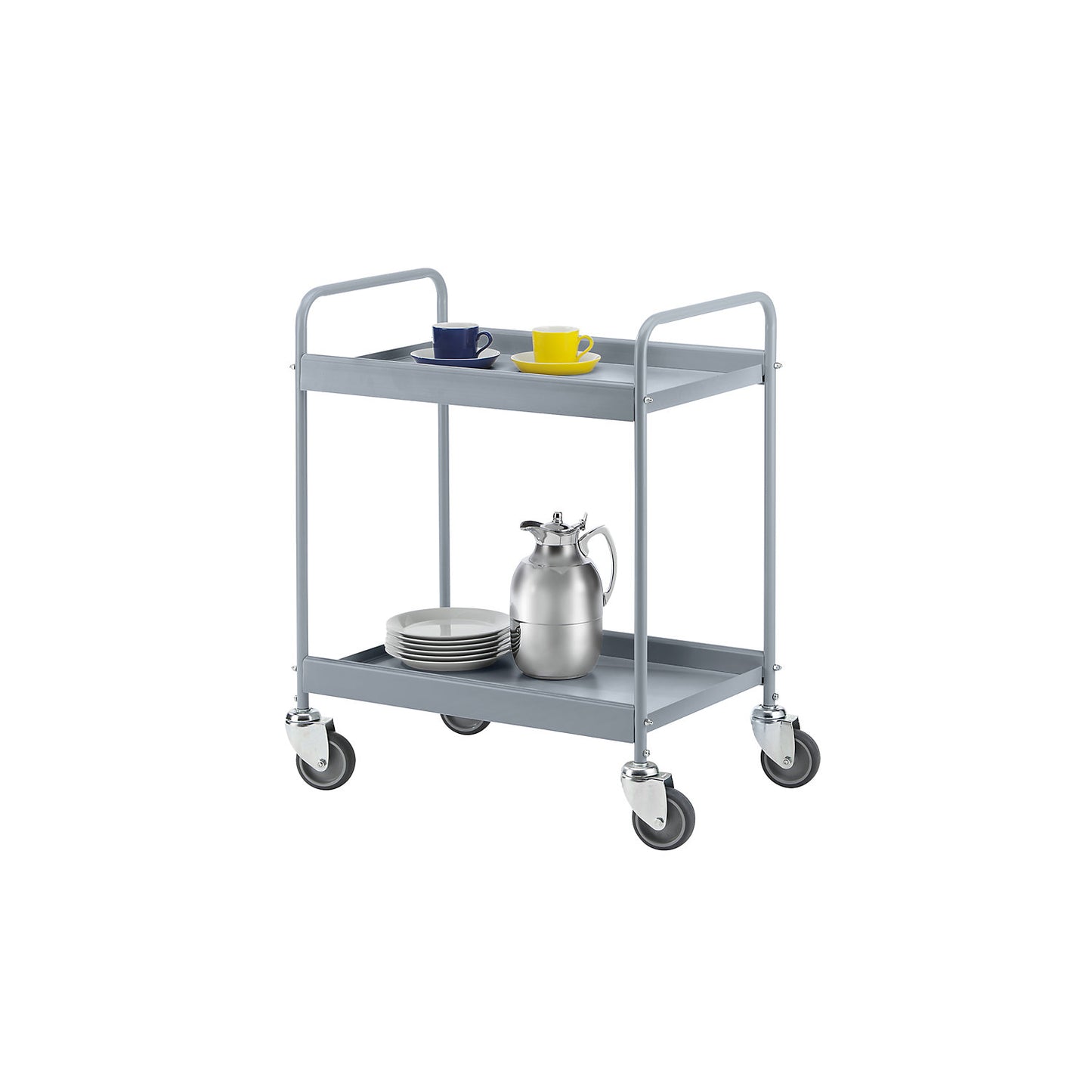 Table trolley, powder coated tubular steel, max. load 40 kg, 2 shelves, silver grey RAL 7001, 4 swivel castors.