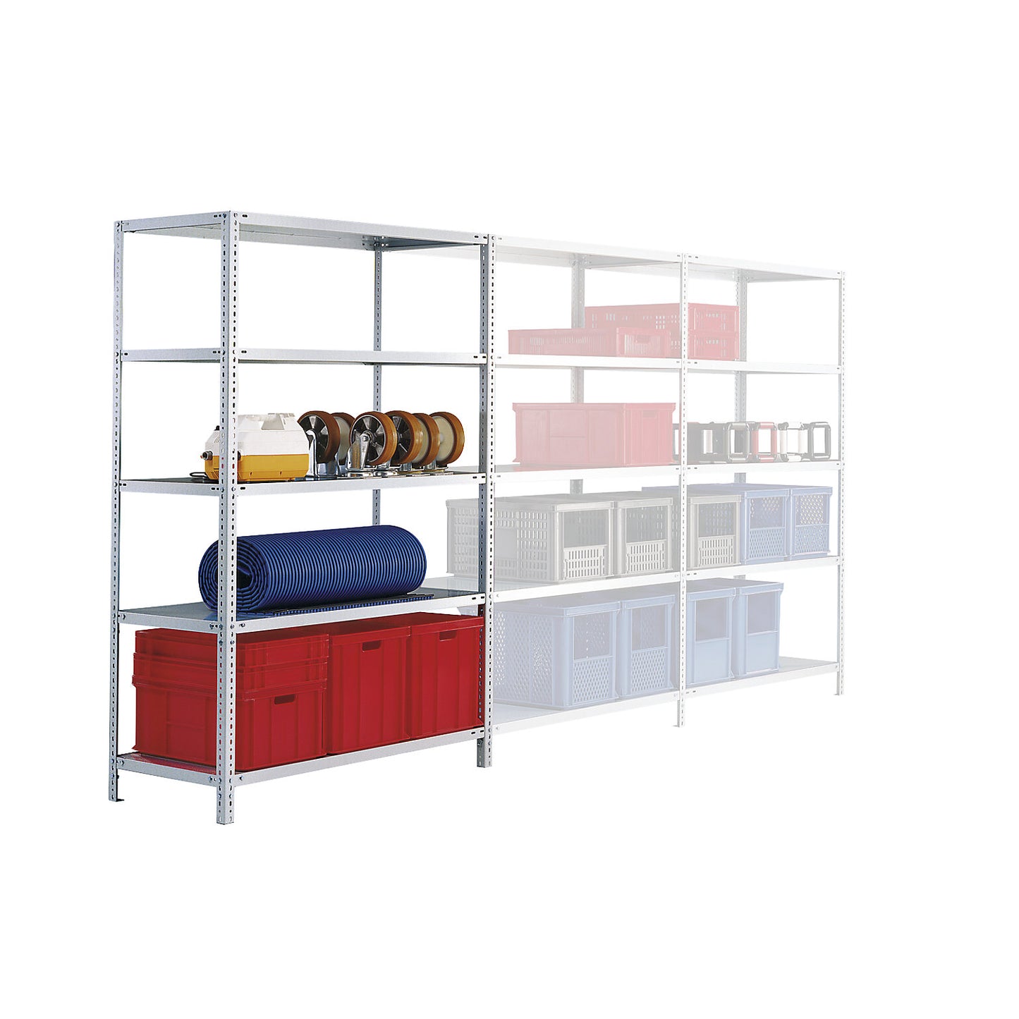 Storage bolt-together shelving, medium-duty, double-sided, HxWxD 1500 x 1300 x 600 mm, zinc plated, standard shelf unit.