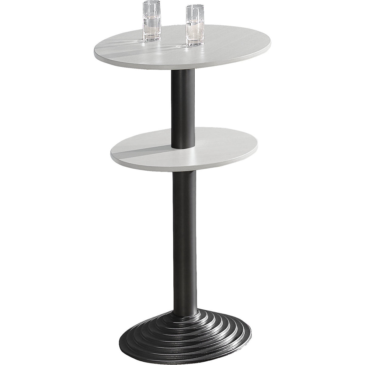 Canteen table with cast iron base, 2 tabletops, spacing 30 cm, light grey, black column.