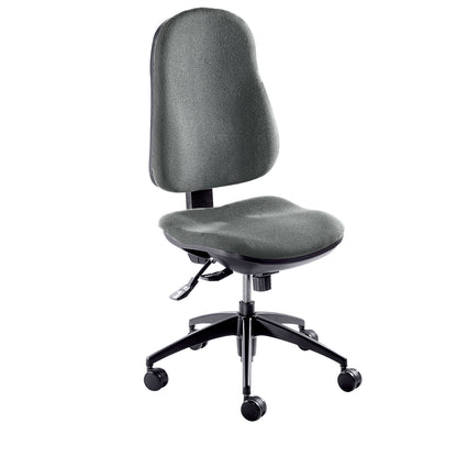 Ergonomic swivel chair, point synchronous mechanism, without arm rests, grey fabric covering.