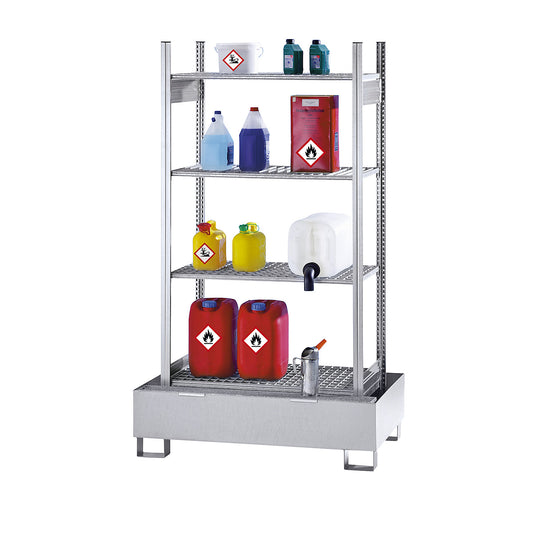 Hazardous goods shelving for small containers, for water hazardous and flammable media, 4 mesh shelves, 1 base sump tray, sump tray hot dip galvanised.