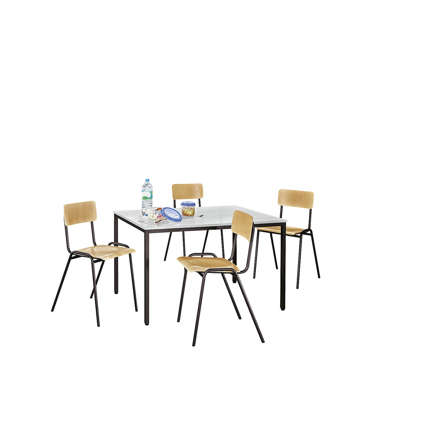 Multi-purpose seating unit, 1 table, 4 chairs, tabletop in light grey, grey brown frame.