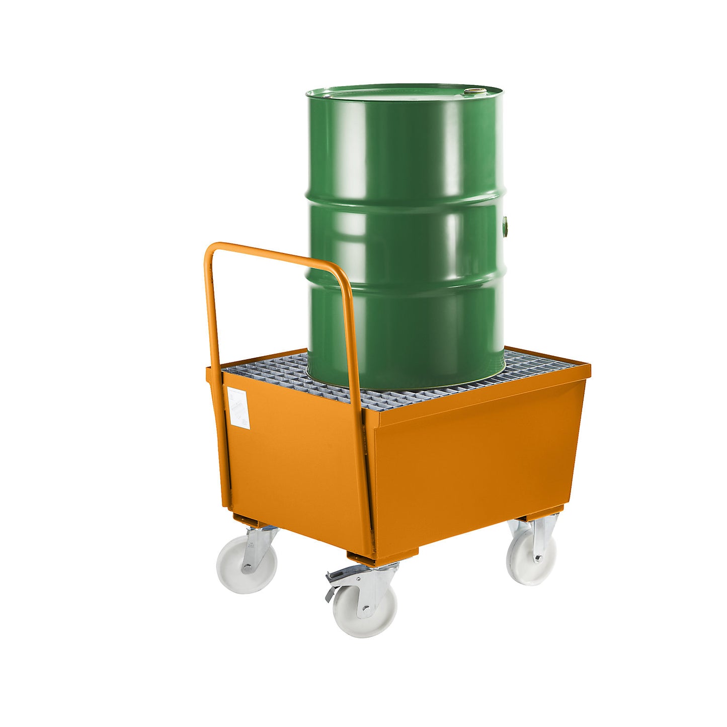 Mobile steel sump tray with edge profiles, for 200 l drum, 1 x upright, LxWxH 870 x 800 x 1110 mm, orange RAL 2000.