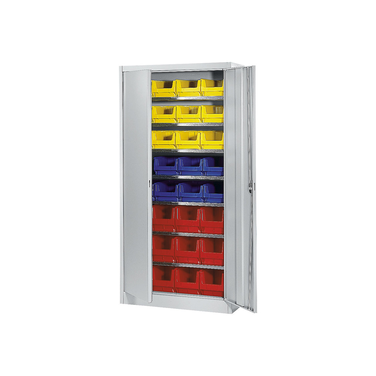 Storage cupboard, single colour, with 32 open fronted storage bins, 7 shelves, grey.