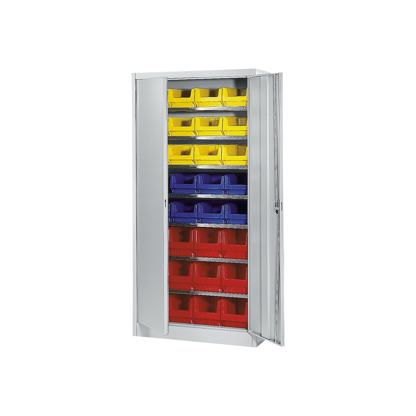 Storage cupboard, single colour, with 32 open fronted storage bins, 7 shelves, grey.