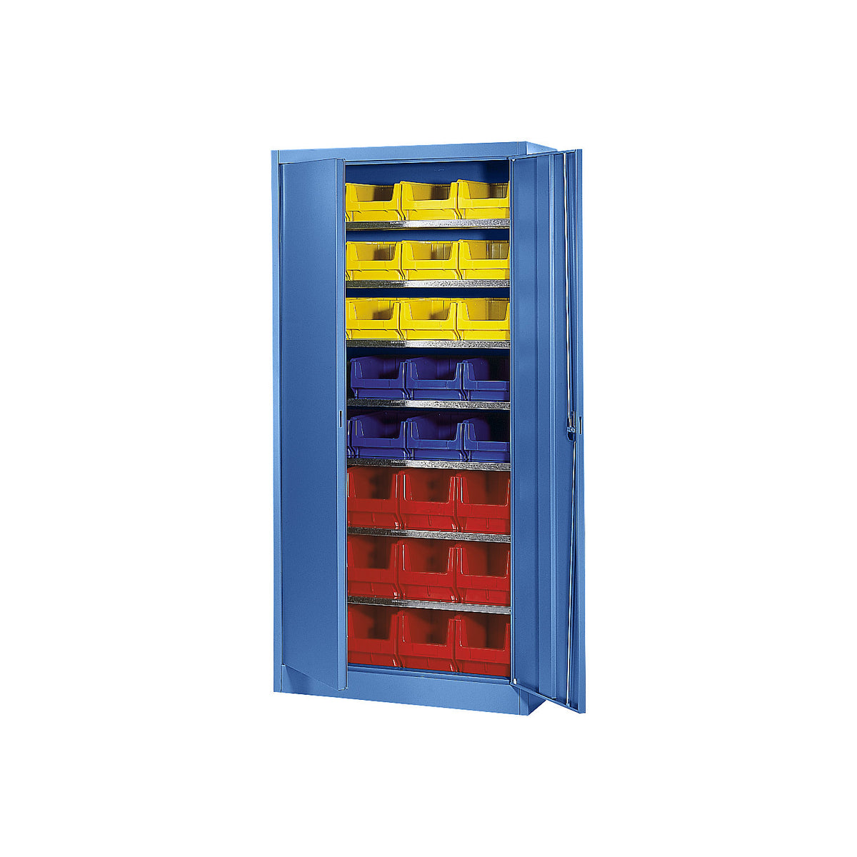 Storage cupboard, single colour, with 32 open fronted storage bins, 7 shelves, blue.