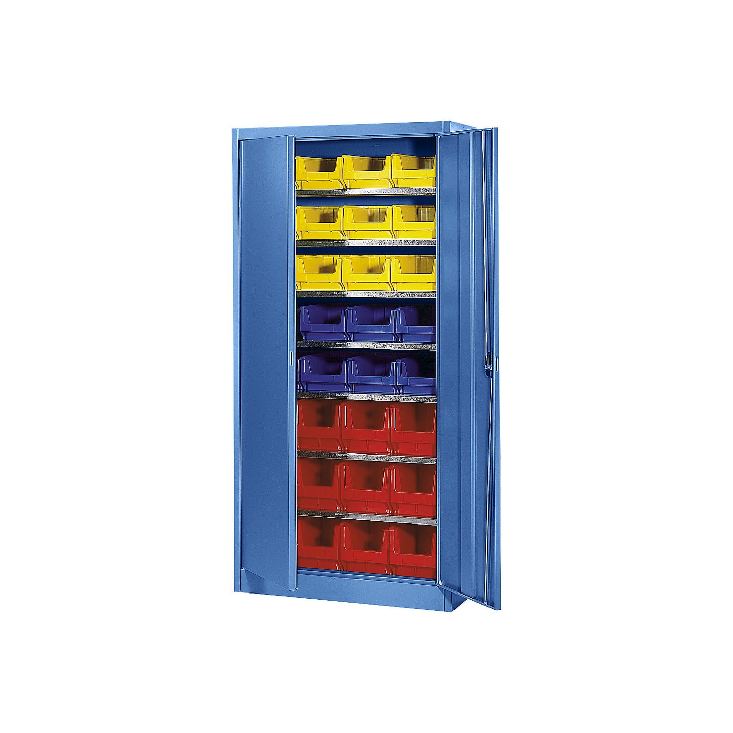 Storage cupboard, single colour, with 32 open fronted storage bins, 7 shelves, blue.