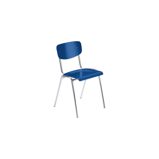 CLASSIC stacking chair, chrome plated frame, pack of 4, wood in gentian blue.