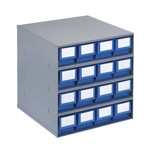 Drawer cabinet, max. housing load 75 kg, HxWxD 395 x 376 x 300 mm, 16 drawers, blue drawers.